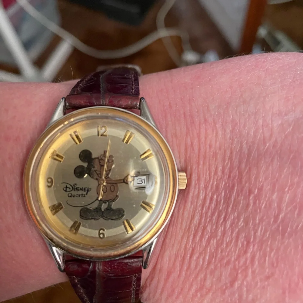 Disney Time Works Mickey Mouse Watch with date, embossed, genuine, leather band. - Picture 2 of 8